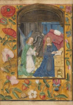 AM 71 8vo, bl. 16v: blomsteornamentik og en illustration af Marias bebudelse af englen Gabriel.