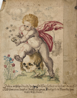 AM 79 4to, f. 1r, opposite side of the back dust cover. The picture is presumably a copy of the copper plate Qvis evadet? by the Dutch lithographer and painter Hendrick Goltzius.