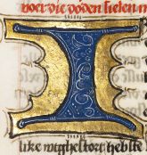 AM 71 8vo, bl. 105r - et initial hvor udsmykningen består af en indramning af guld (krysografisk). Tysk håndskrift.